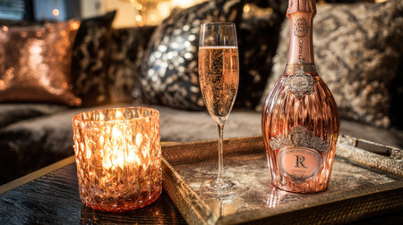 An elegant setting featuring a champagne bottle with a glass of sparkling wine and a glowing candle on a stylish tray, ideal for celebrations.の素材