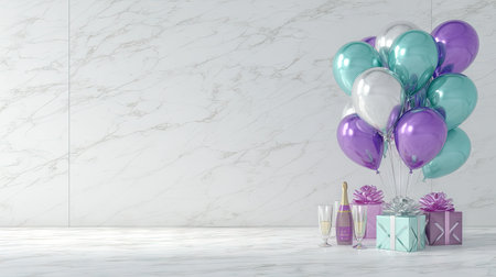 A stunning arrangement featuring colorful balloons and elegantly wrapped gift boxes, set against a sleek marble background, ideal for celebrations.の素材