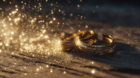 Two exquisite gold rings rest on a wooden surface, surrounded by sparkling dust. The warm light and shimmering effects create a romantic atmosphere perfect for celebrations.の素材
