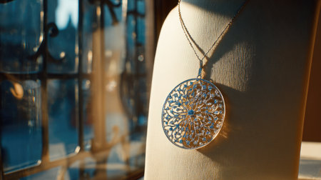 This exquisite silver pendant necklace features an intricate floral design accented by a sparkling gemstone, beautifully displayed in soft natural light.の素材
