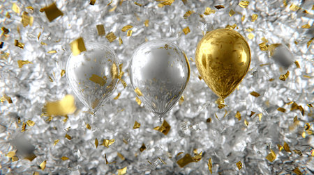 Colorful balloons in gold and silver surrounded by shimmering confetti create a vibrant atmosphere for celebrations. Perfect for festive events and joyful moments.の素材