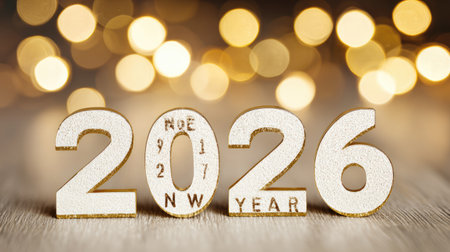 A vibrant arrangement of the numbers 2026, styled with a golden finish against a blurred bokeh background, symbolizes the joy and hope of the New Year celebration.の素材