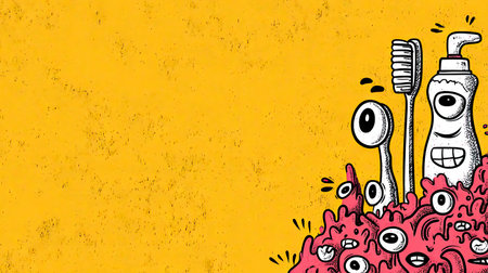 A playful illustration featuring quirky monsters alongside dental care items on a vibrant yellow backdrop, promoting fun and creativity in children's art.の素材