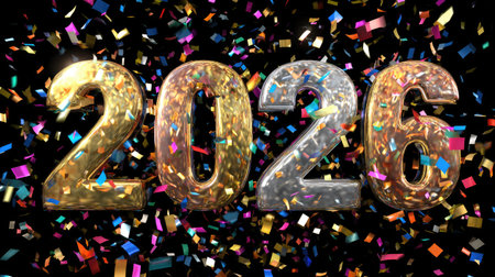A vibrant and colorful representation of the New Year 2026, featuring shimmering numbers surrounded by a shower of confetti, perfect for festive celebrations.の素材