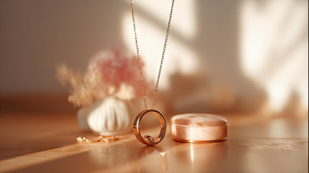 Stunning close-up of an elegant gold necklace featuring a circular pendant, complemented by a decorative jewelry box, bathed in soft natural light.の素材