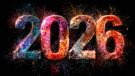 This vibrant and colorful image showcases the year 2026, featuring stunning light effects and sparkles, perfect for new year celebrations and events.の素材