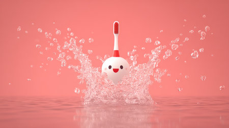 This playful image features a whimsical toothbrush character making a splash in water, surrounded by bubbles against a vibrant pink background, symbolizing fun oral hygiene.の素材