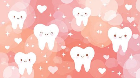 This adorable illustration features cute cartoon tooth characters set against a soft pink background, enhanced by hearts and sparkles. Perfect for promoting dental health among children.の素材