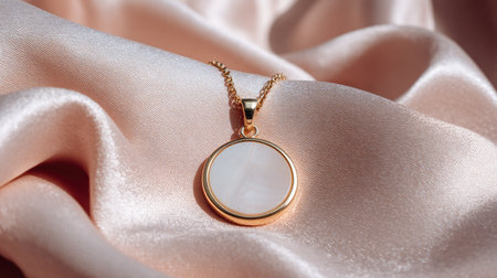 This image features an elegant gold pendant necklace resting on soft satin fabric, showcasing its delicate beauty and luxurious shine. Ideal for jewelry showcases.の素材