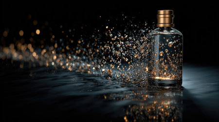 This mesmerizing image showcases a clear glass bottle with a golden cap, surrounded by splashing water droplets, creating an artistic atmosphere.の素材
