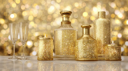This stunning image features an elegant arrangement of glittering gold decorative bottles and candles, perfect for adding a luxurious touch to festive celebrations.の素材
