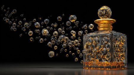This captivating image features an elegant perfume bottle with bubbles floating gracefully in a dramatic black background. The intricate details and reflections highlight its luxurious essence, making it perfect for beauty and fragrance promotions.の素材