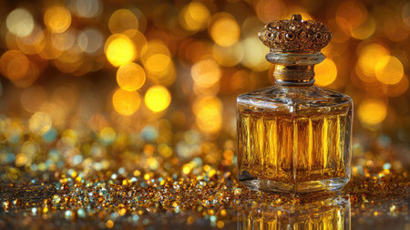 A stunning vintage perfume bottle stands gracefully on a bed of shimmering gold glitter, surrounded by mesmerizing bokeh lights that evoke luxury and elegance.の素材