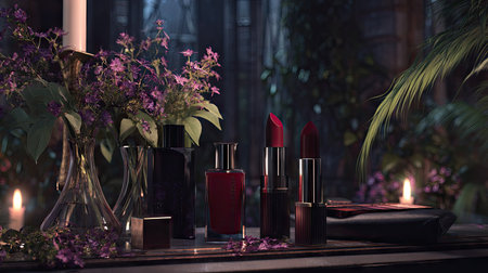 A captivating still life featuring luxurious perfume bottles and rich lipsticks elegantly displayed amid fresh flowers and glowing candlelight, exuding glamor.の素材