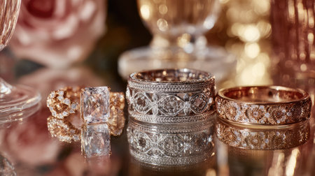 A stunning collection of elegant rings, showcasing exquisite designs and sparkling gemstones, beautifully arranged on a reflective surface with a soft background.の素材