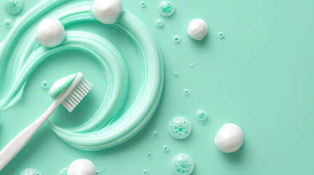 A top-down view of a mint green surface featuring a toothbrush and airy whipped toothpaste bubbles, symbolizing freshness and oral hygiene.の素材