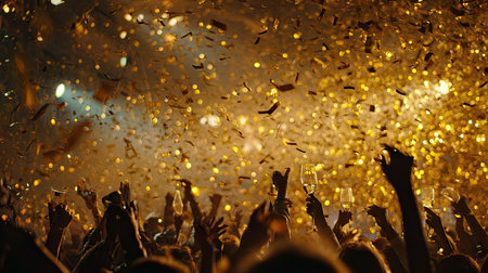 This vivid image captures a festive celebration full of raised hands amidst a flurry of shimmering confetti, creating an unforgettable party atmosphere.の素材