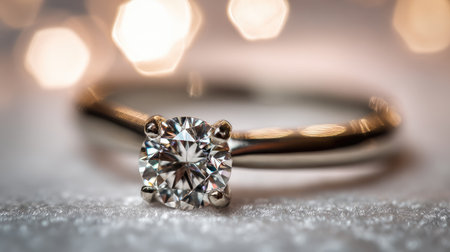 This stunning close-up photo showcases a sparkling diamond engagement ring set on soft fabric, enhanced by a dreamy bokeh effect. Perfect for themes of love and celebration.の素材