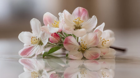 A stunning close-up of delicate pink and white flowers resting on a reflective surface, capturing the essence of spring's beauty and tranquility.の素材