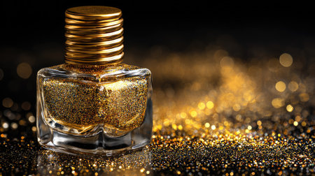 A close-up image of a luxurious gold nail polish in a glass bottle placed on a shimmering glitter background, perfect for beauty and fashion themes.の素材