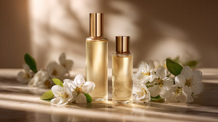 Two elegant amber bottles of perfume rest gracefully among delicate white flowers, casting soft shadows in a serene and inviting atmosphere.の素材