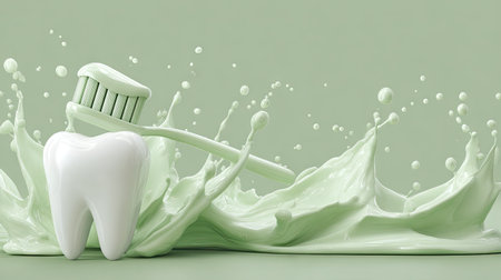 This artistic composition features a toothbrush and a tooth surrounded by refreshing minty splashes, highlighting dental hygiene on a soft green background.の素材