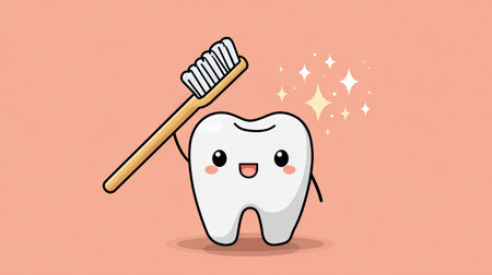 This adorable cartoon tooth character cheerfully holds a toothbrush, promoting dental health and hygiene. Bright colors and playful design appeal to children, making learning about oral care fun and engaging.の素材