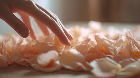 A close-up image showcasing a delicate hand reaching toward soft pink rose petals scattered on a wooden surface, illuminated by warm natural light.の素材