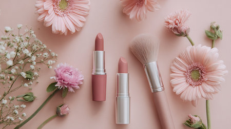 This captivating flat lay features an arrangement of two lipsticks, a makeup brush, and delicate pink flowers on a soft pink background, ideal for beauty enthusiasts.の素材