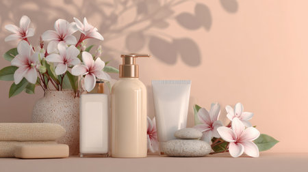 This captivating image features a beautiful arrangement of skincare products next to delicate flowers and smooth stones, conveying a sense of elegance and tranquility, perfect for wellness and beauty concepts.の素材