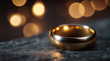 A stunning golden ring sits elegantly on a wooden surface. The soft bokeh in the background enhances its beauty, perfect for wedding themes.の素材