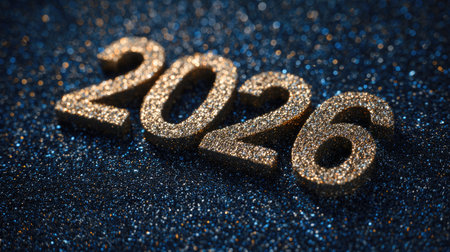 A sparkling golden number 2026 placed on a glittery background, perfect for new year celebrations, event decorations, and festive themes.の素材