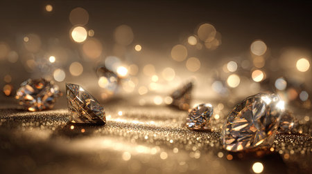 This stunning image captures beautifully arranged sparkling diamonds on a shimmering surface, enhanced by warm golden highlights and a soft bokeh effect, creating an elegant and luxurious atmosphere.の素材