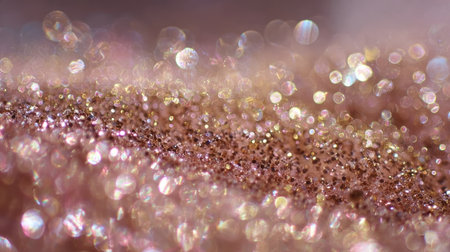 This mesmerizing close-up image features shimmering pink glitter, adorned with blurred sparkles that create a captivating and enchanting background perfect for various design projects.の素材