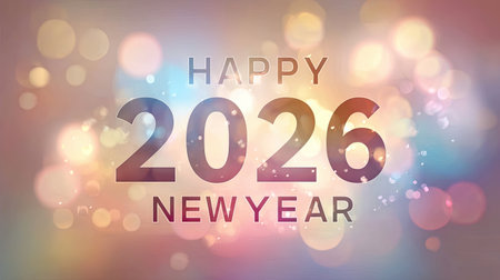 A vibrant and colorful new year 2026 greeting featuring a bokeh effect in the background, symbolizing joy and celebration for the festivities ahead.の素材