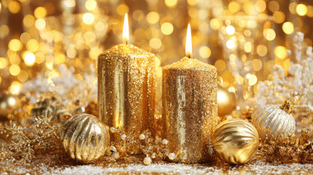 This stunning image features golden candles and ornaments radiating warmth and joy against a shimmering bokeh backdrop, perfect for festive occasions.の素材