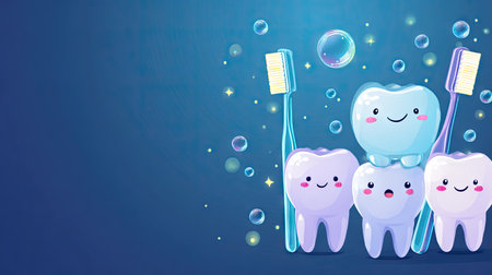 This delightful illustration features cute cartoon teeth and toothbrushes surrounded by bubbles, promoting dental health in a fun and engaging manner.の素材