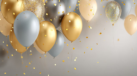 A vibrant arrangement of colorful balloons in gold, silver, and clear designs, accompanied by shimmering gold confetti, perfect for festive celebrations.の素材