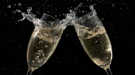 Two elegant champagne glasses clink together in a joyful celebration, creating a splash of bubbles against a stunning dark backdrop, symbolizing happiness.の素材