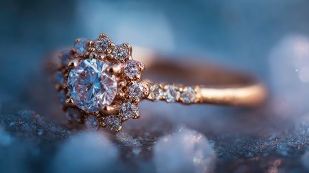 This captivating image features an elegant rose gold engagement ring adorned with sparkling diamonds, set against a chilly blue backdrop, evoking romance and beauty.の素材