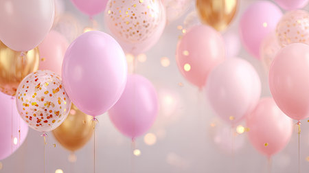 A beautiful arrangement of balloons in pink and gold shades, featuring confetti designs, perfect for celebrations, events, and joyful occasions.の素材
