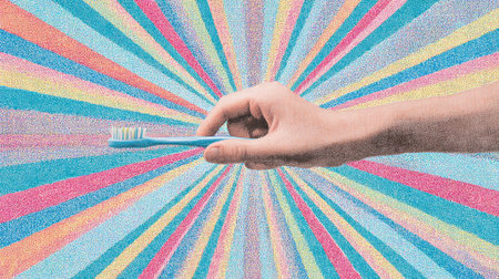 A vibrant hand holds a toothbrush against a colorful burst background, representing the joy of dental hygiene and healthy living in a playful and artistic manner.の素材
