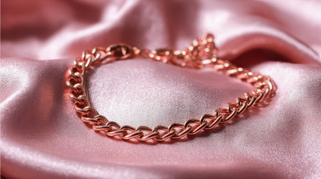 A stunning rose gold bracelet elegantly rests on soft pink satin fabric, capturing light beautifully. Perfect for styling, gifting, or showcasing craftsmanship.の素材