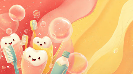 This vibrant and whimsical illustration features adorable tooth characters alongside toothbrushes and playful bubbles, perfect for promoting dental hygiene.の素材