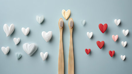 This image features two toothbrushes alongside various heart-shaped objects, creating a charming and loving scene on a soft blue background, ideal for dental care themes.の素材