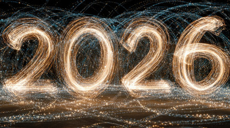 An artistic representation of the year 2026 created with sparklers against a dark backdrop, ideal for capturing the essence of new year festivities and celebrations.の素材