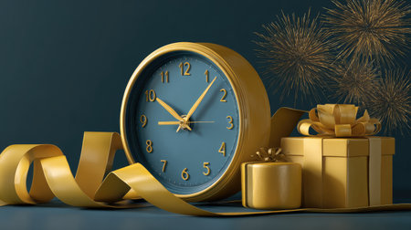 This striking composition features an elegant golden clock alongside beautifully wrapped gift boxes, set against a dark background with festive fireworks, perfect for holiday celebrations and special occasions.の素材
