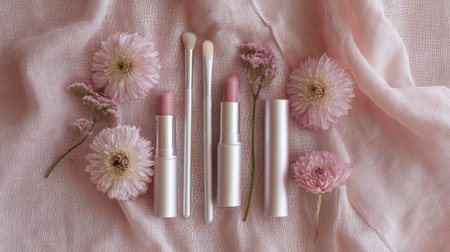This elegant composition features lipsticks and brushes elegantly arranged with delicate pink flowers on soft fabric, perfect for beauty and cosmetic themes.の素材
