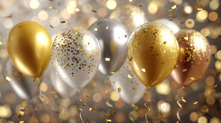 This vibrant image features an array of gold, silver, and white balloons adorned with confetti, perfect for any celebration or festive occasion.の素材