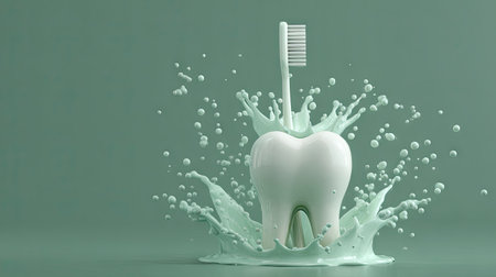 This creative image showcases a toothbrush and a shiny tooth splashing through minty water against a soothing green backdrop, representing oral care and hygiene.の素材